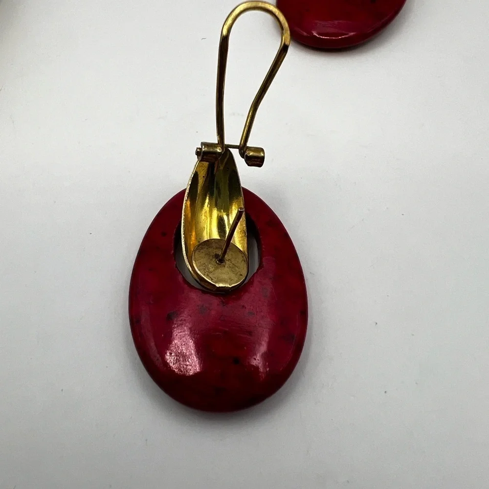 Vintage Red Howlite interchangeable oval stone gold tone pierced earrings